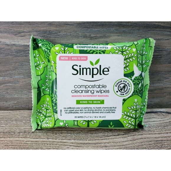Simple Compostable Cleansing Wipes Kind To Skin Removes Waterproof Mascara 25Ct - Picture 1 of 3
